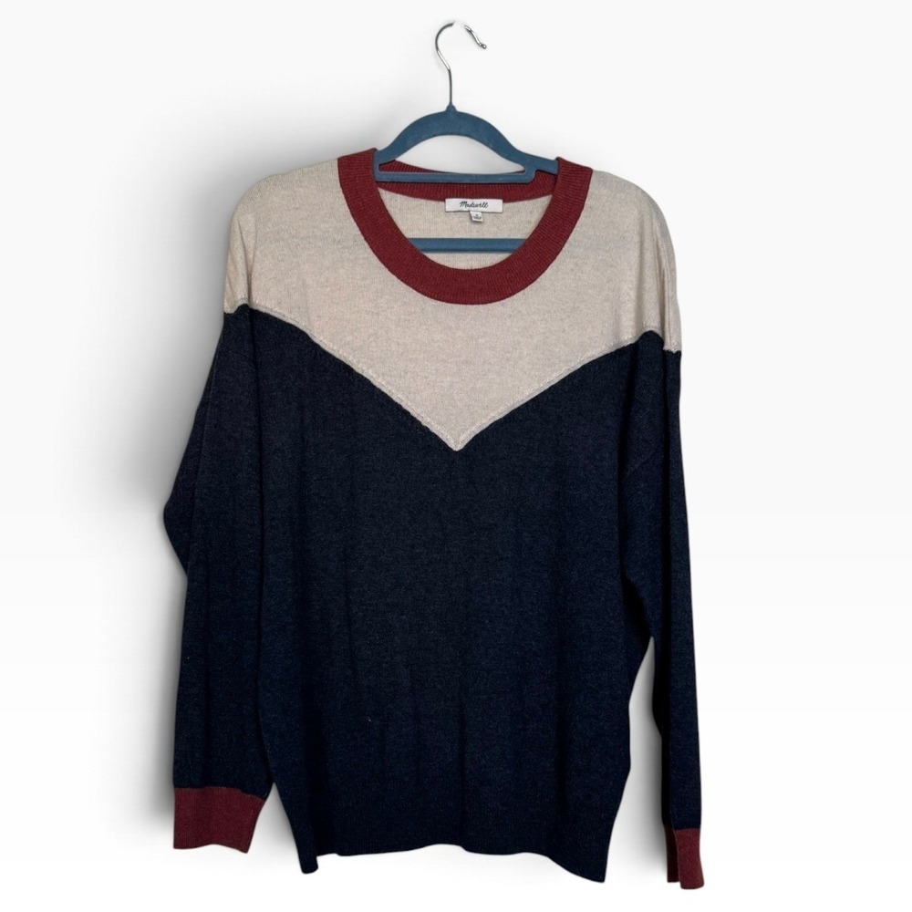 Madewell Colorblock Merino Wool Alpaca Blend Sweater Navy Cream Burgundy Medium